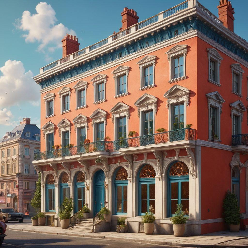 A whimsical scene featuring a Georgian-style building with ornate architectural details, set in a vibrant animated world. The structure showcases elegant symmetry and decorative elements, intertwined with colorful animated characters inspired by adult themes. A rich sunset sky enhances the ambiance, while playful elements from Georgian design blend seamlessly with the animated characters. This image should evoke creativity and intrigue, illustrating the intersection of classic architecture and modern animation. vibrant colors. super-realistic. whimsical.