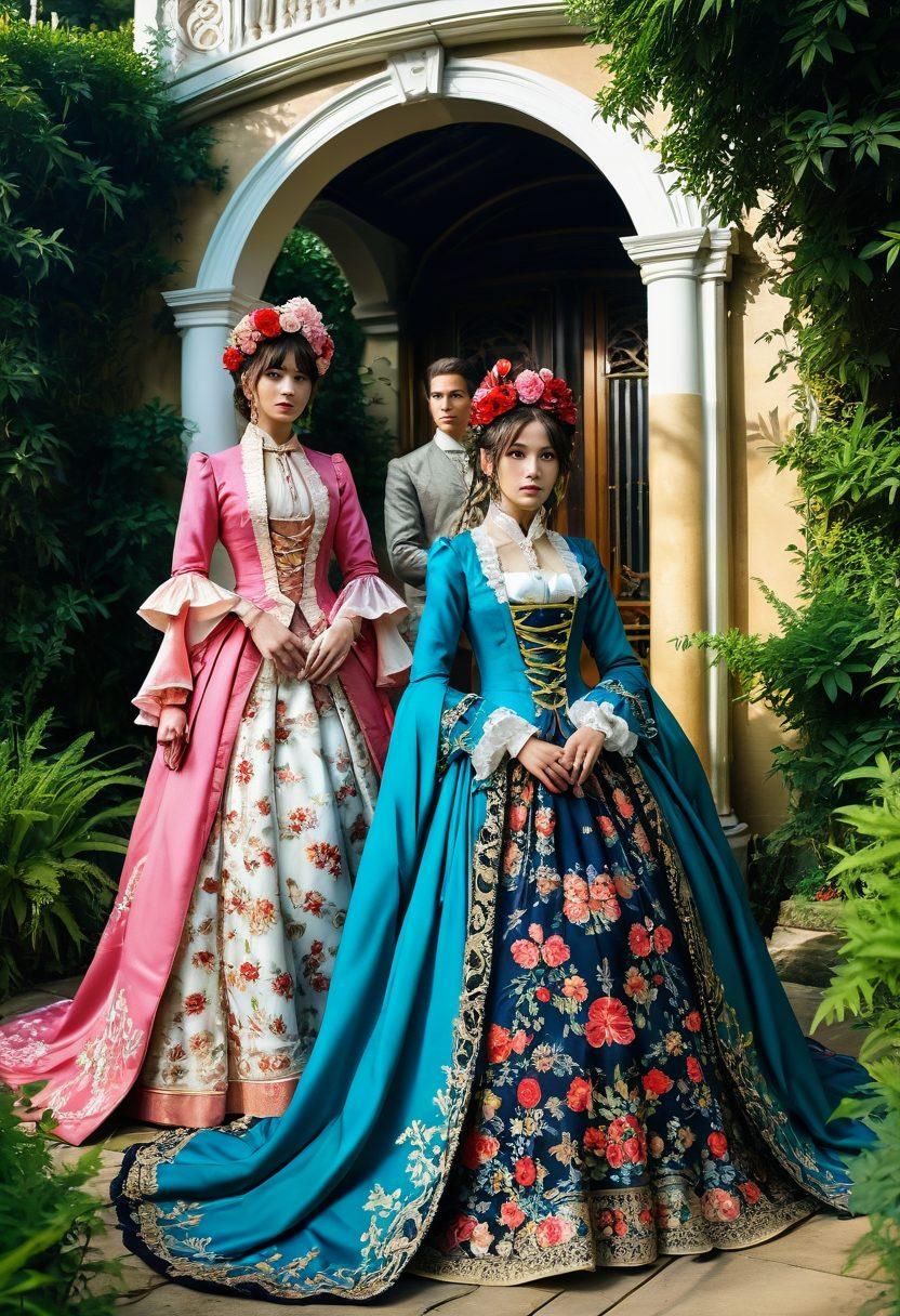 A mesmerizing blend of dynamic hentai animation characters dressed in historic Georgian attire, elegantly posing amidst a lush, ornate garden filled with classic Georgian architecture. The atmosphere should radiate a whimsical yet nostalgic vibe, highlighting the intricate details of the clothing and the enchanting background. Bright, vibrant colors should be used to capture the energy of both animation styles. super-realistic. vibrant colors. intricate details.